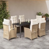 vidaXL 7 Piece Patio Dining Set with Cushions Beige Poly Rattan