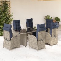 vidaXL 7 Piece Patio Dining Set with Cushions Gray Poly Rattan