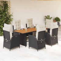 vidaXL 7 Piece Patio Dining Set with Cushions Black Poly Rattan