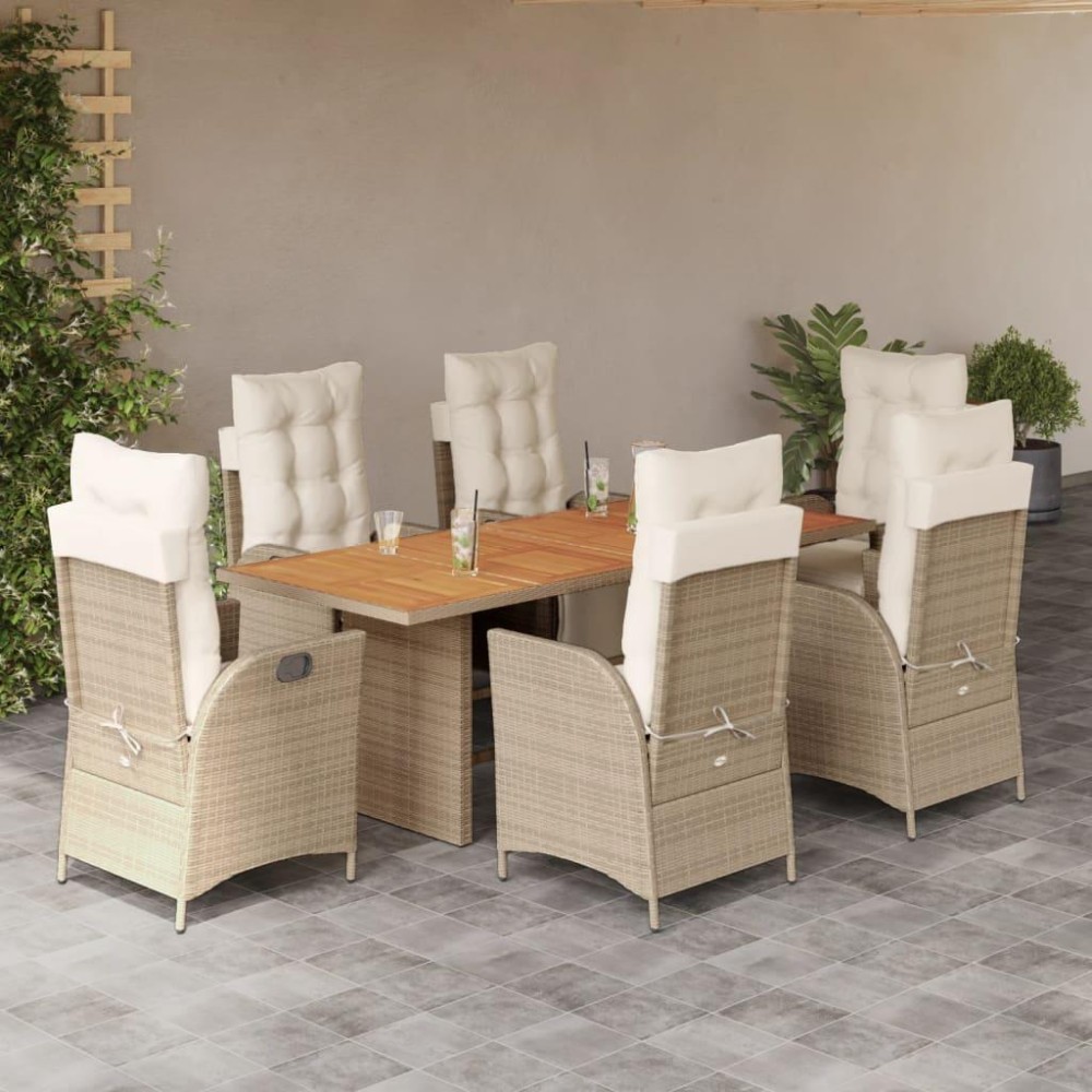 vidaXL 7 Piece Patio Dining Set with Cushions Beige Poly Rattan