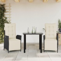 vidaXL 3 Piece Patio Dining Set with Cushions Black Poly Rattan