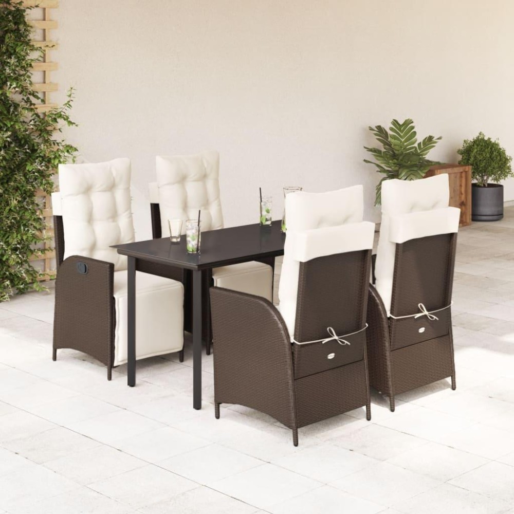 vidaXL 5 Piece Patio Dining Set with Cushions Brown Poly Rattan