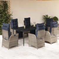 vidaXL 7 Piece Patio Dining Set with Cushions Gray Poly Rattan