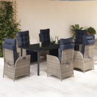 vidaXL 7 Piece Patio Dining Set with Cushions Gray Poly Rattan