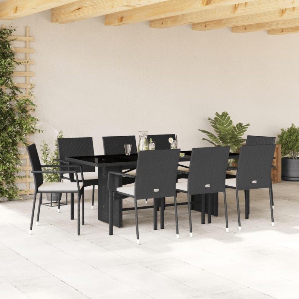 vidaXL 9 Piece Patio Dining Set with Cushions Black Poly Rattan