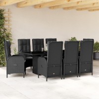 vidaXL 9 Piece Patio Dining Set with Cushions Black Poly Rattan