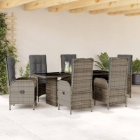 vidaXL 7 Piece Patio Dining Set with Cushions Gray Poly Rattan