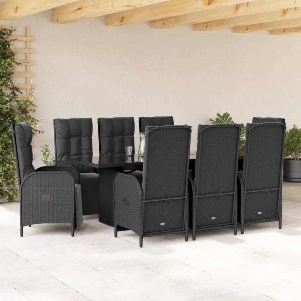 vidaXL 9 Piece Patio Dining Set with Cushions Black Poly Rattan