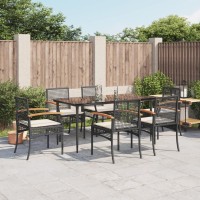 vidaXL 7 Piece Patio Dining Set with Cushions Black Poly Rattan