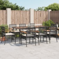 vidaXL 9 Piece Patio Dining Set with Cushions Black Poly Rattan