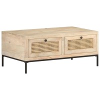 Vidaxl Coffee Table 35.4X19.7X14.6 Solid Mango Wood And Natural Cane