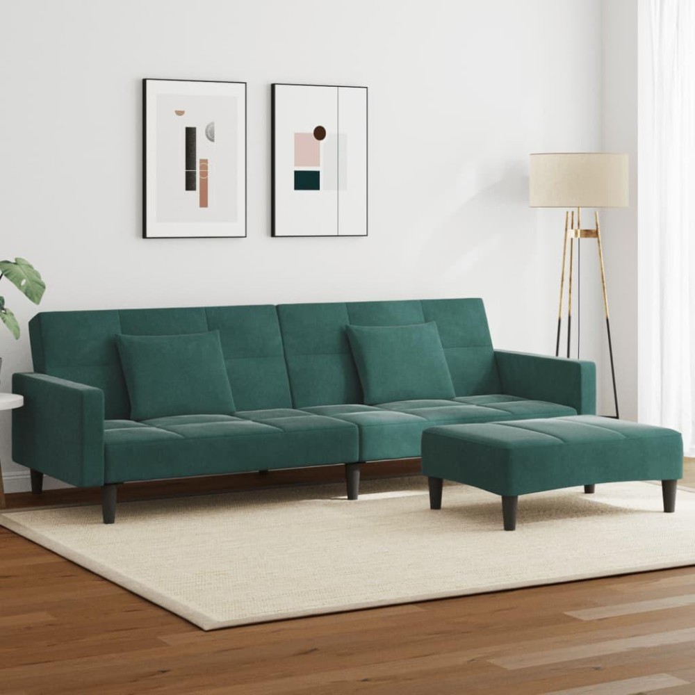 vidaXL 2-Seater Sofa Bed with Footstool Dark Green Velvet