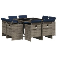 vidaXL 9 Piece Patio Dining Set with Cushions Gray Poly Rattan