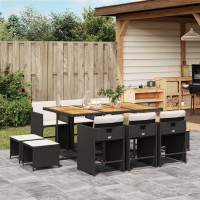 vidaXL 11 Piece Patio Dining Set with Cushions Black Poly Rattan