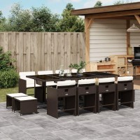 vidaXL 13 Piece Patio Dining Set with Cushions Brown Poly Rattan