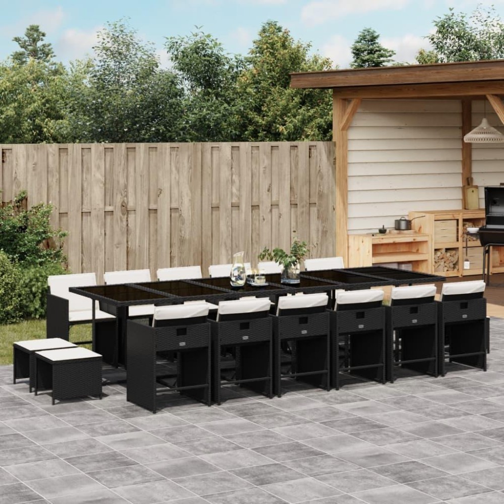 vidaXL 17 Piece Patio Dining Set with Cushions Black Poly Rattan