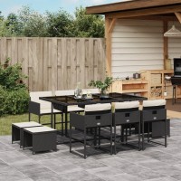 vidaXL 11 Piece Patio Dining Set with Cushions Black Poly Rattan