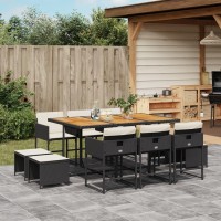 vidaXL 11 Piece Patio Dining Set with Cushions Black Poly Rattan