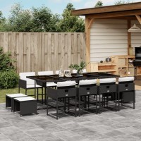 vidaXL 13 Piece Patio Dining Set with Cushions Black Poly Rattan