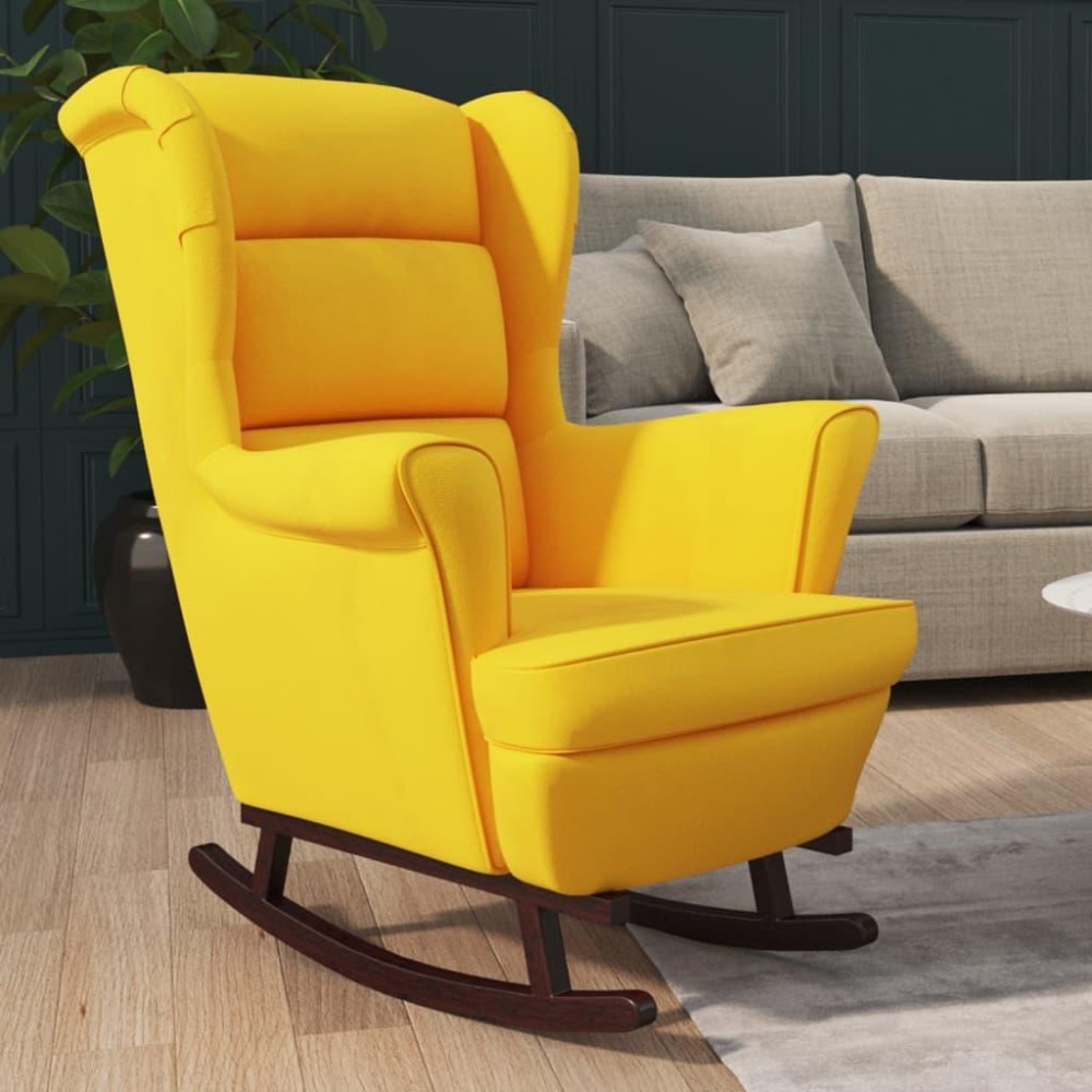 vidaXL Rocking Chair with Solid Wood Rubber Legs Yellow Velvet