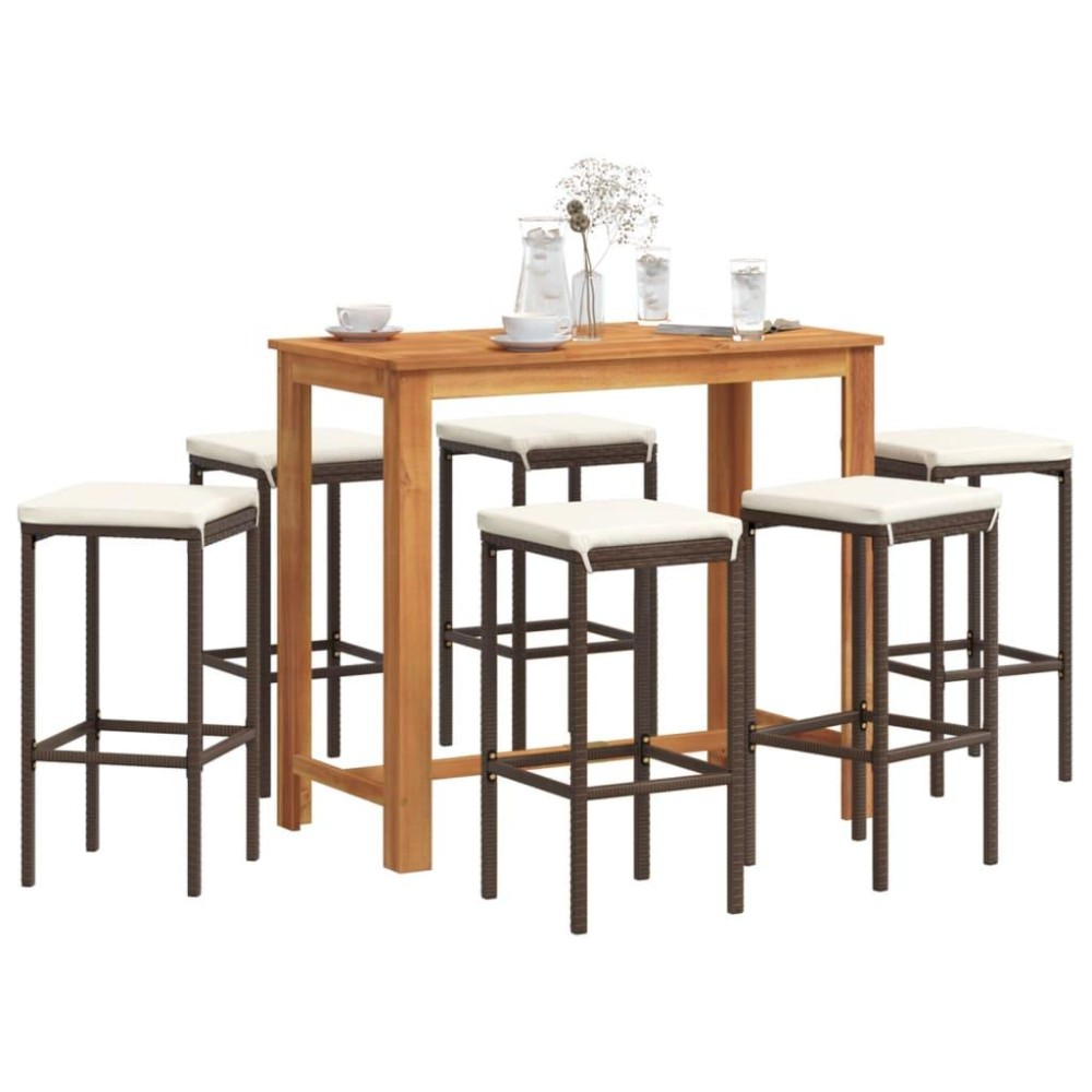 vidaXL 7 Piece Patio Bar Set Brown Solid Wood Acacia and Poly Rattan