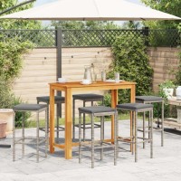 vidaXL 7 Piece Patio Bar Set Gray Solid Wood Acacia and Poly Rattan