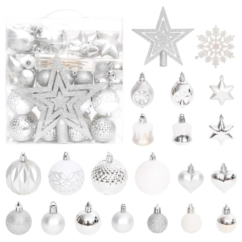 vidaXL 70 Piece Christmas Bauble Set Silver and White