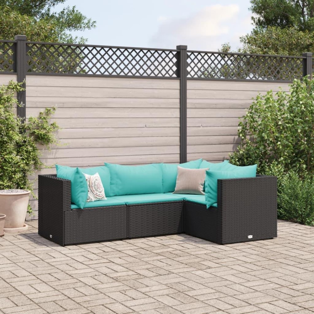 vidaXL 4 Piece Patio Lounge Set with Cushions Black Poly Rattan