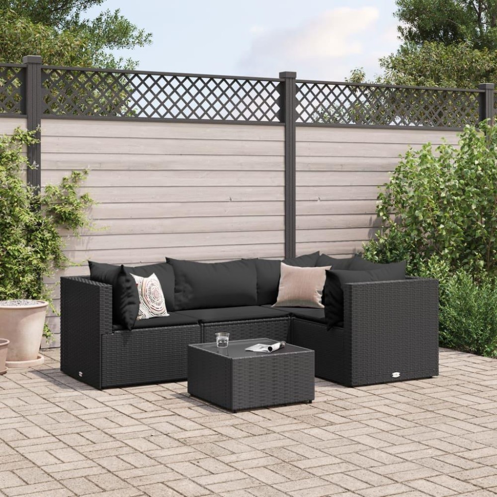 vidaXL 5 Piece Patio Lounge Set with Cushions Black Poly Rattan