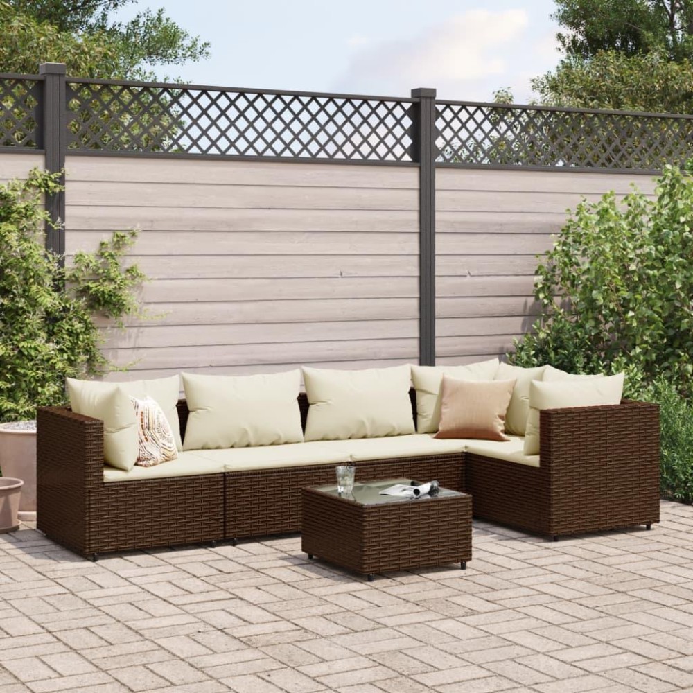 vidaXL 6 Piece Patio Lounge Set with Cushions Brown Poly Rattan