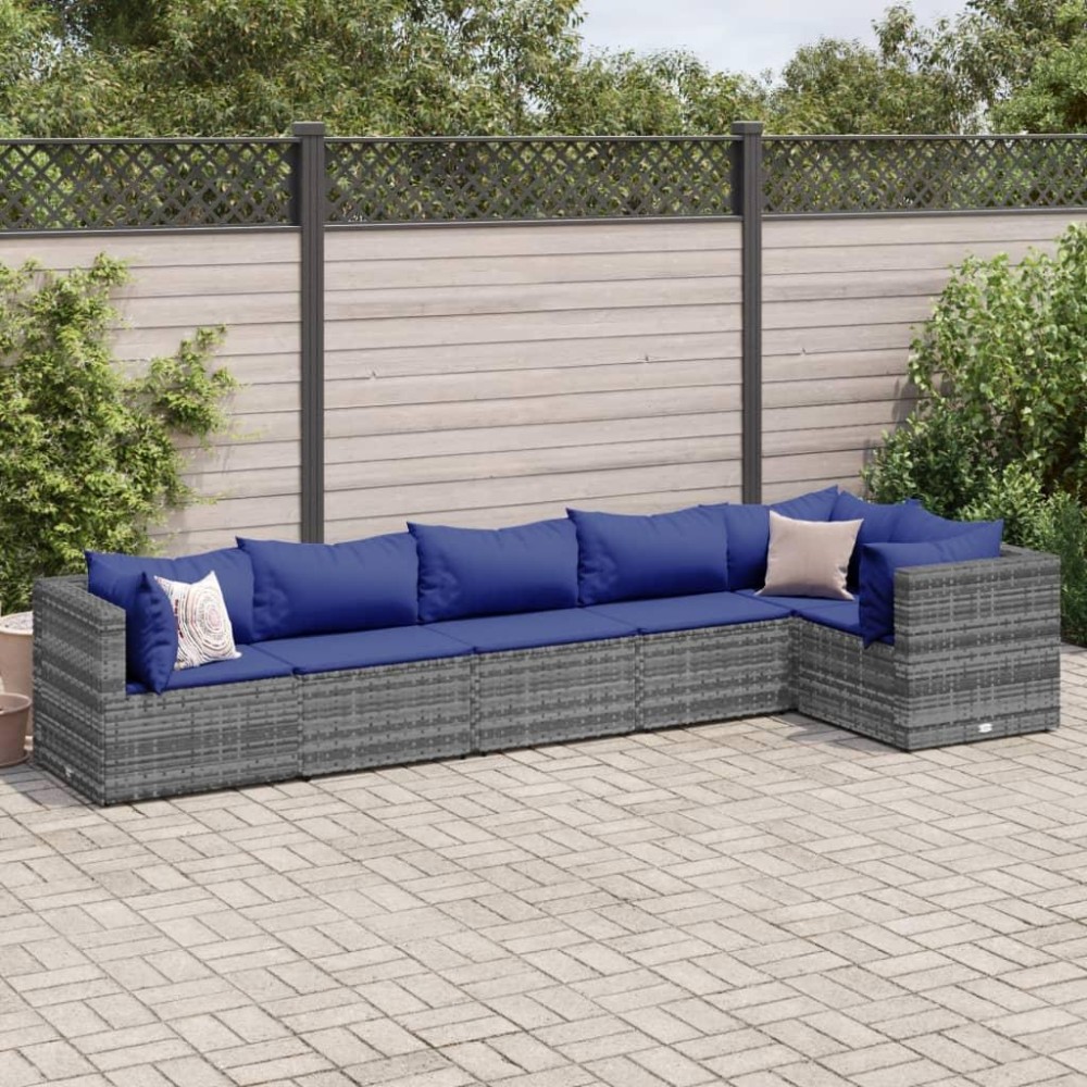 vidaXL 6 Piece Patio Lounge Set with Cushions Gray Poly Rattan