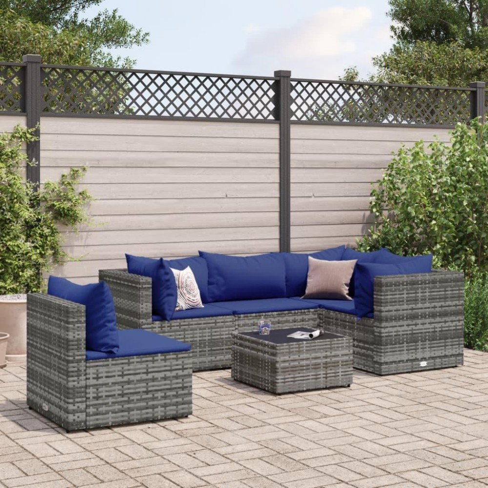 vidaXL 6 Piece Patio Lounge Set with Cushions Gray Poly Rattan