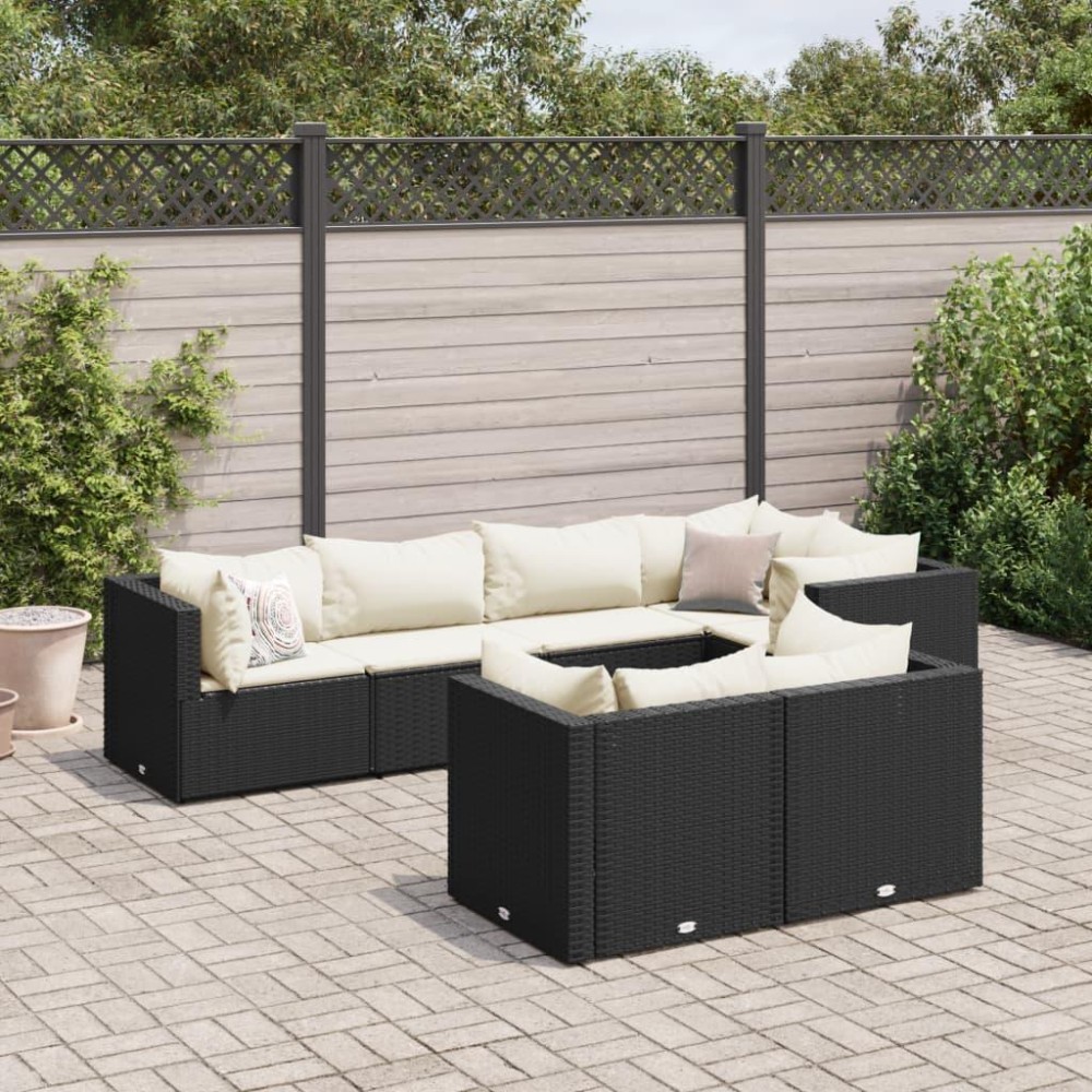 vidaXL 7 Piece Patio Lounge Set with Cushions Black Poly Rattan