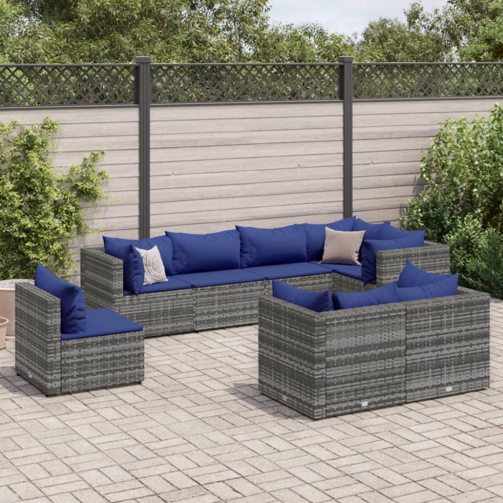 vidaXL 8 Piece Patio Lounge Set with Cushions Gray Poly Rattan