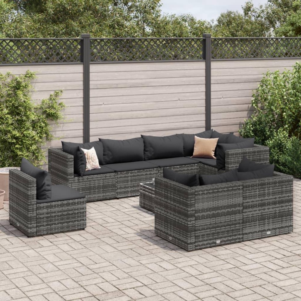 vidaXL 9 Piece Patio Lounge Set with Cushions Gray Poly Rattan