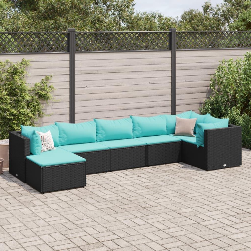 vidaXL 7 Piece Patio Lounge Set with Cushions Black Poly Rattan