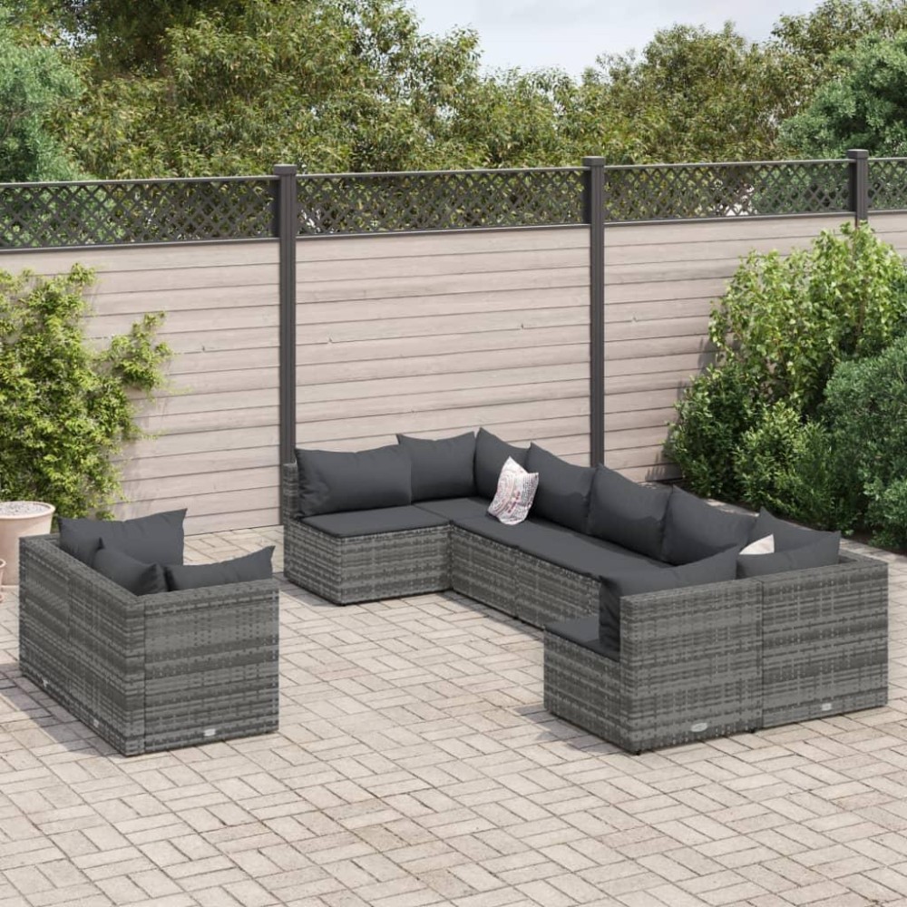 vidaXL 9 Piece Patio Sofa Set with Cushions Gray Poly Rattan