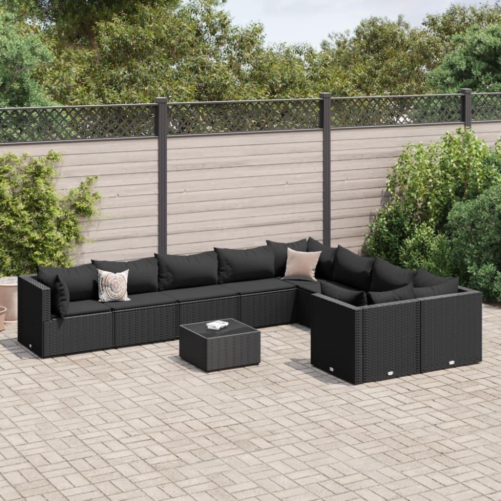 vidaXL 10 Piece Patio Sofa Set with Cushions Black Poly Rattan