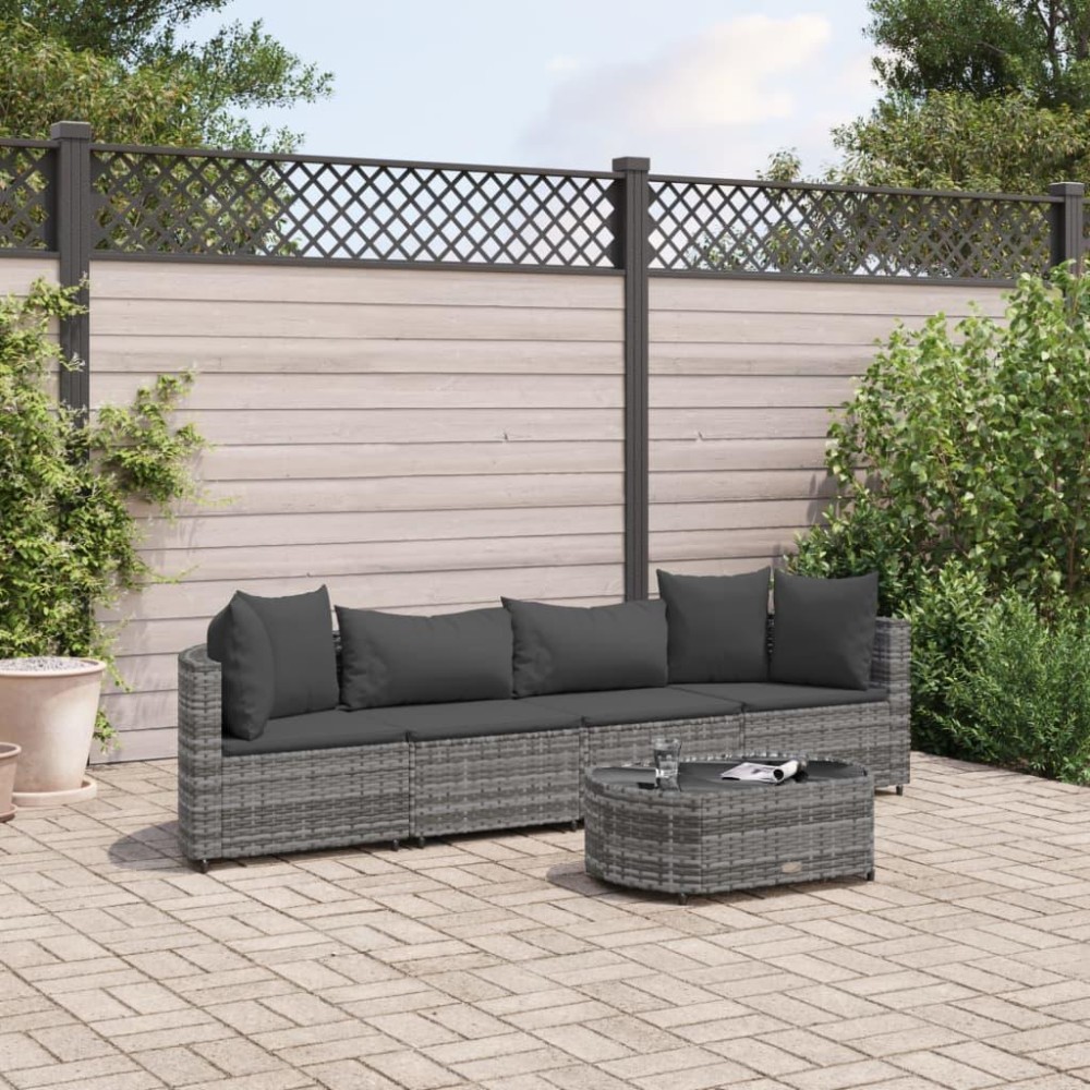 vidaXL 5 Piece Patio Sofa Set with Cushions Gray Poly Rattan