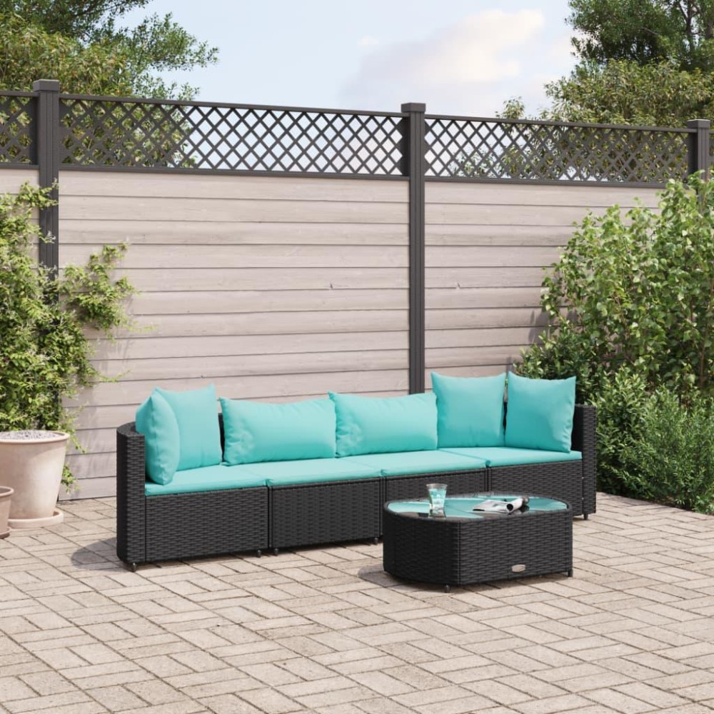 vidaXL 5 Piece Patio Sofa Set with Cushions Black Poly Rattan