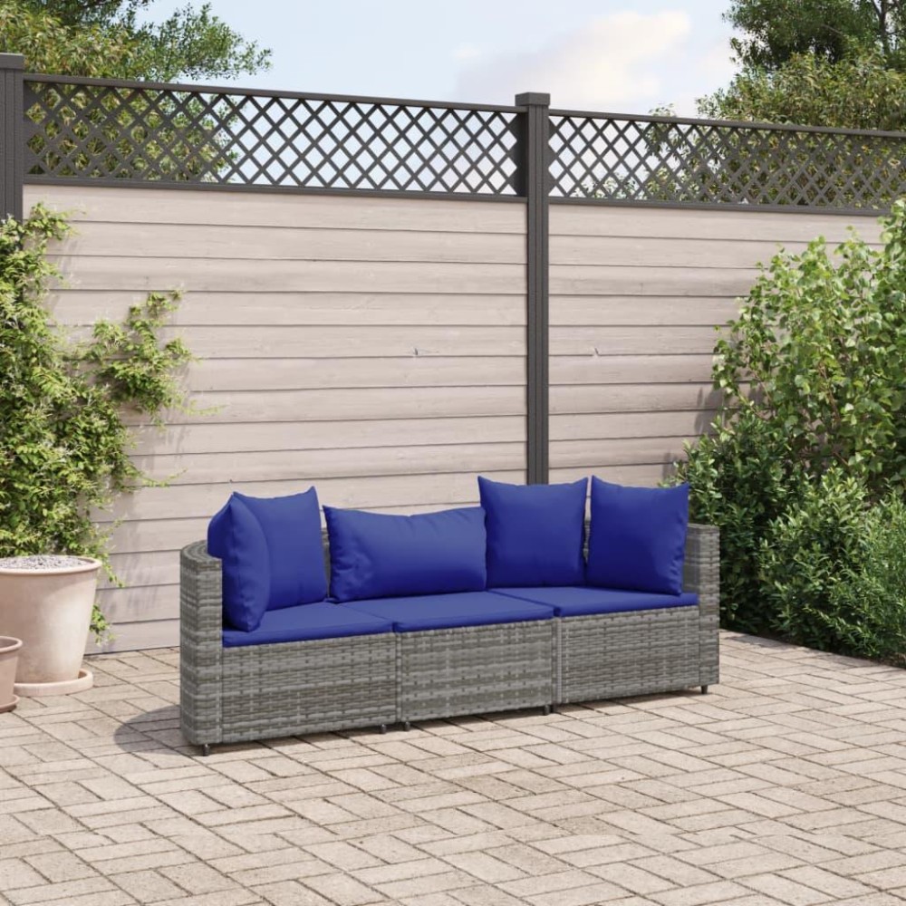 vidaXL 3 Piece Patio Sofa Set with Cushions Gray Poly Rattan