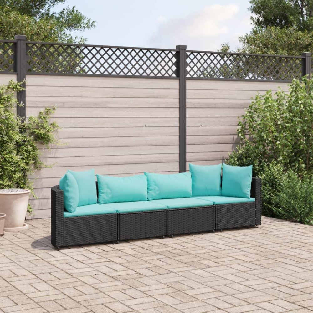 vidaXL 4 Piece Patio Sofa Set with Cushions Black Poly Rattan