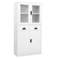 Vidaxl Office Cabinet White 35.4X15.7X70.9 Steel And Tempered Glass