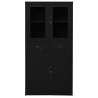 Vidaxl Office Cabinet Black 35.4X15.7X70.9 Steel And Tempered Glass