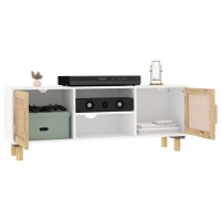 Vidaxl Tv Cabinet White 41.3X11.8X15.7 Solid Wood Pine&Natural Rattan
