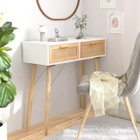 Vidaxl Console Table White 31.5X11.8X29.5 Solid Wood Pine&Natural Rattan