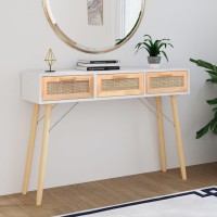 Vidaxl Console Table White 41.3X11.8X29.5 Solid Wood Pine&Natural Rattan