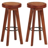 vidaXL Bar Stools 2 pcs Real Leather and Solid Wood Acacia