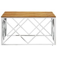 vidaXL Coffee Table Silver Stainless Steel and Solid Wood Acacia