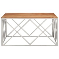 Vidaxl Coffee Table Silver Stainless Steel And Solid Acacia Wood